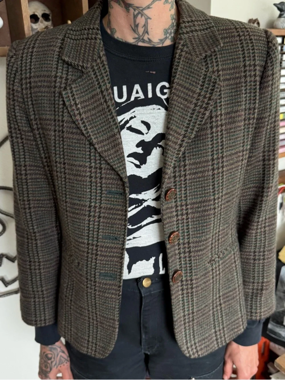 Vintage 90s 2000s Houndstooth Plaid Wool Blend Blazer ~ Size Small - Picture 2 of 9